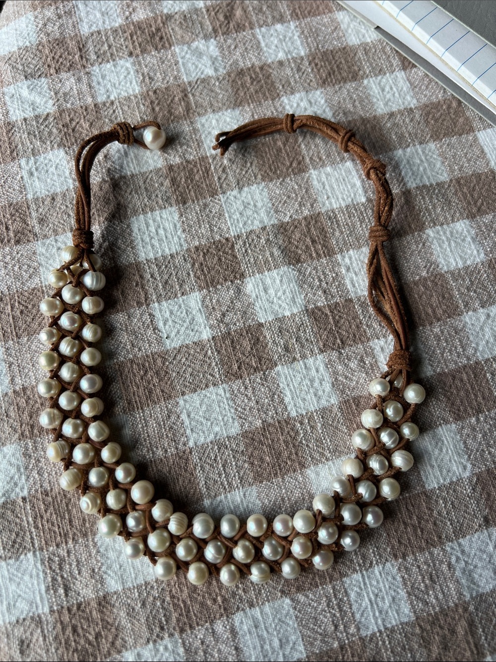 Vintage Clustered Pearl Necklace on Brown Suede Cord